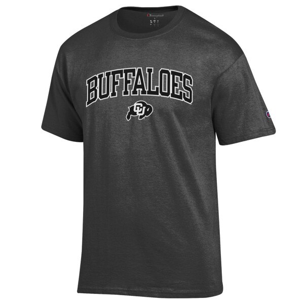A dark gray short sleeve tee with Buffaloes written in bold black lettering and a C-U buffalo logo underneath, and a Champion logo on the left sleeve.